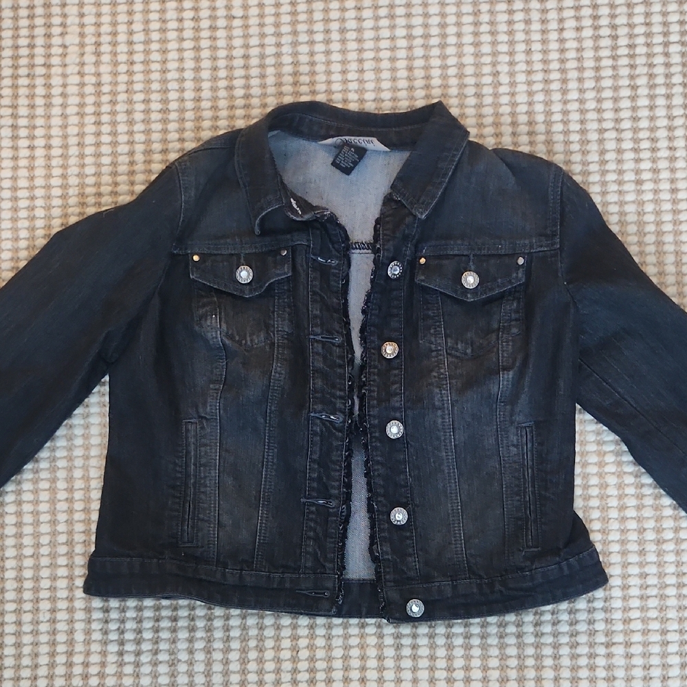 Baccini Charcoal Denim Ruffle Detailed  Jacket W White Crystal Buttons Bikercore